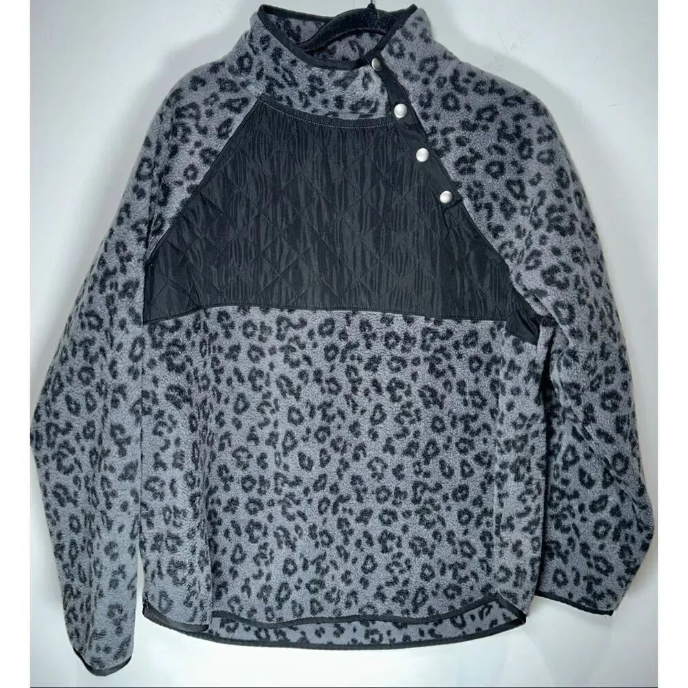 J.Crew Quilted Button-Neck Sherpa Tunic in a gray leopard print size XL
